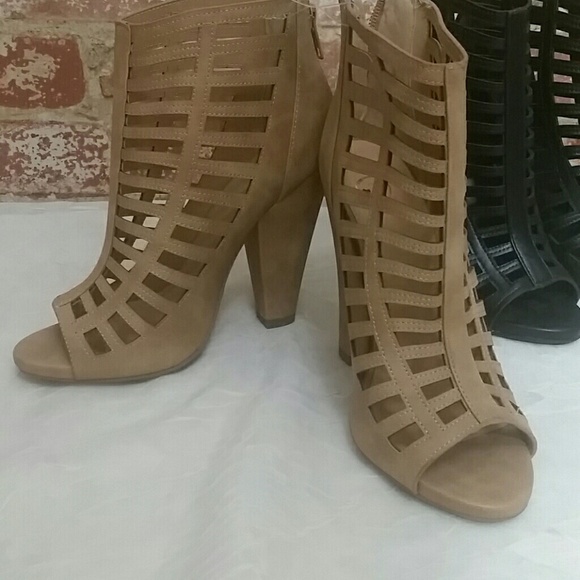 Shoes peep open toe caged sandal bootie tan beige New high heel back zipper sz 8 - Picture 8 of 8